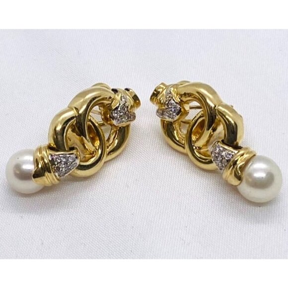 14K Yellow Gold Diamond Pearl Earrings READ! - Picture 1 of 10